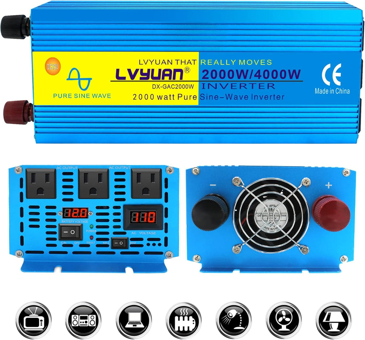 2000W Pure Sine Wave Power Inverter 12V DC to 110V AC with LED Display 3 AC Outlets B32168