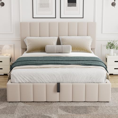Beige Full Size Upholstered Platform Bed with Hydraulic Storage D54807