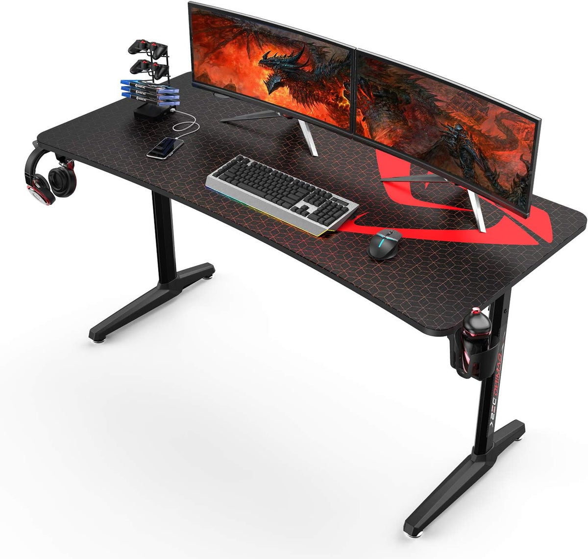 Carbon Fiber Black 60 inch Gaming Desk with Cup Holder Headphone Hook Q1142