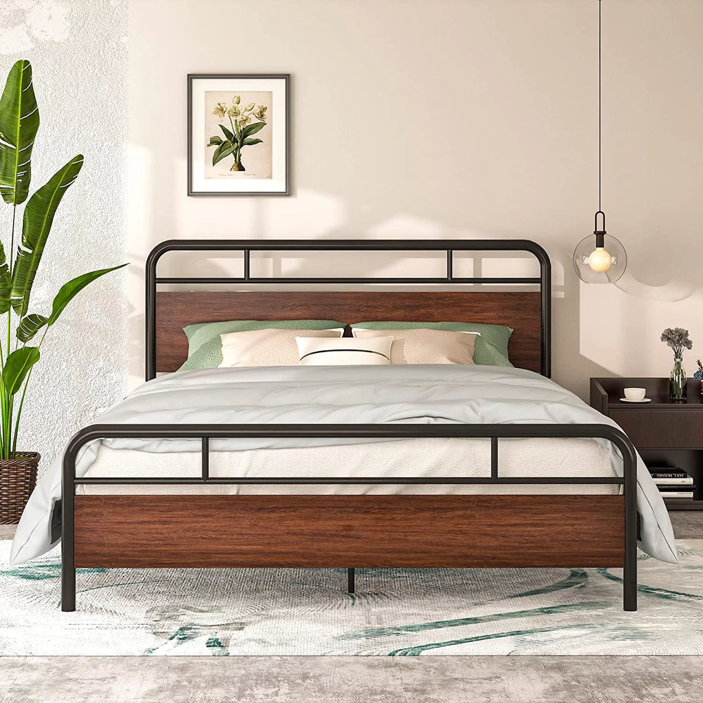 Walnut Queen Size Metal Platform Bed Frame with Wooden Headboard M7338