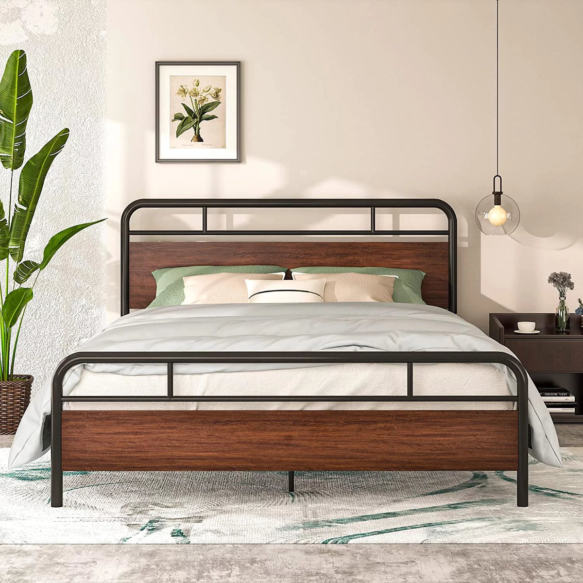 Walnut Queen Size Metal Platform Bed Frame with Wooden Headboard M7338