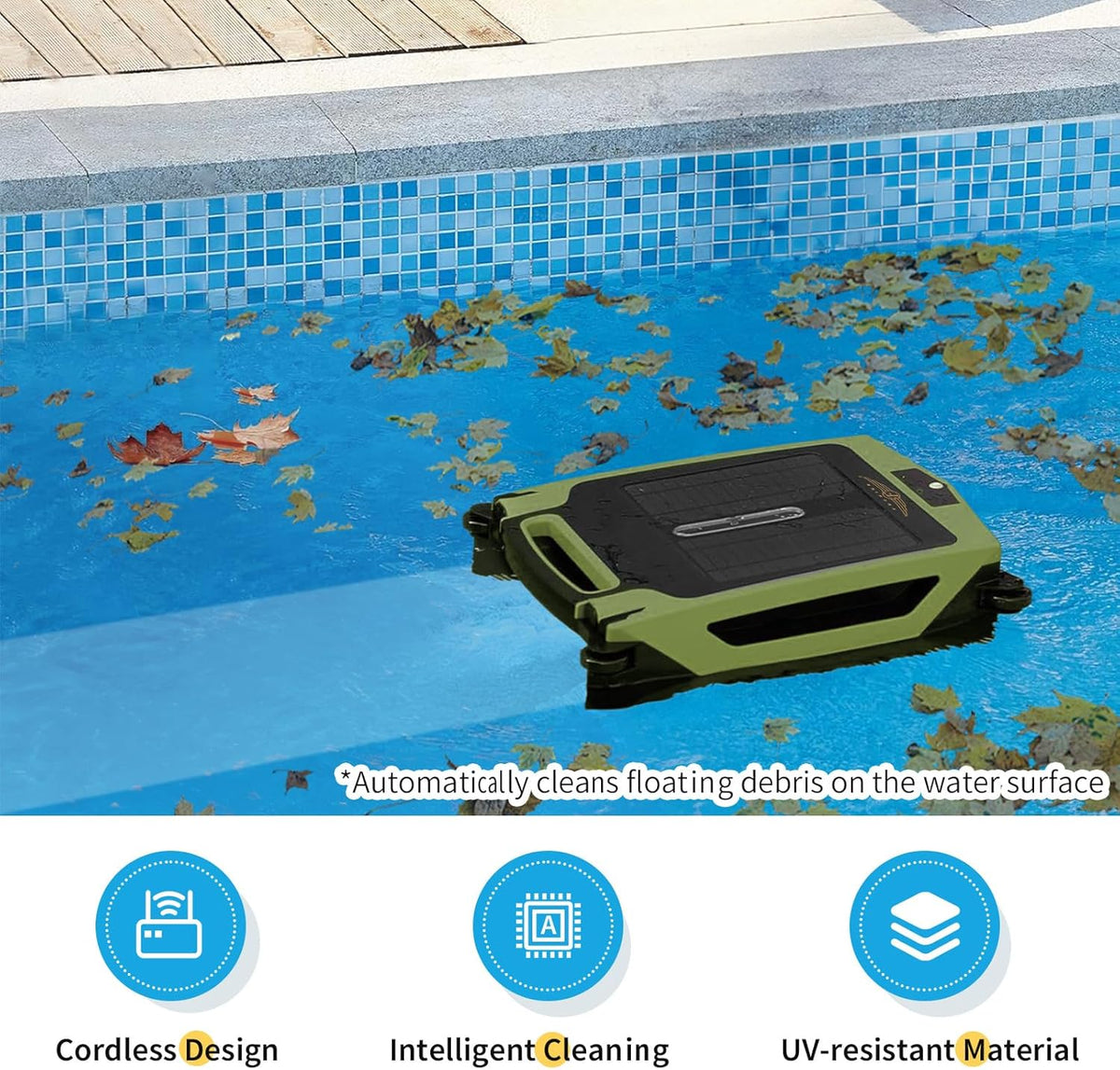 Cordless Robotic Pool Cleaner, Solar Powered Pool Skimmer with Dual Charging Options, Pool Robot Vacuum with Automatic Obstacle Avoidance, Green P66001