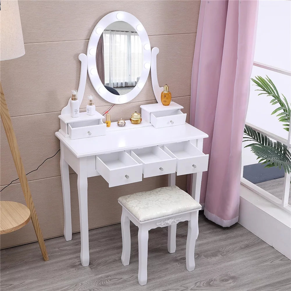 White Vanity Table Set with 5 Drawers and Cushioned Stool Z26186