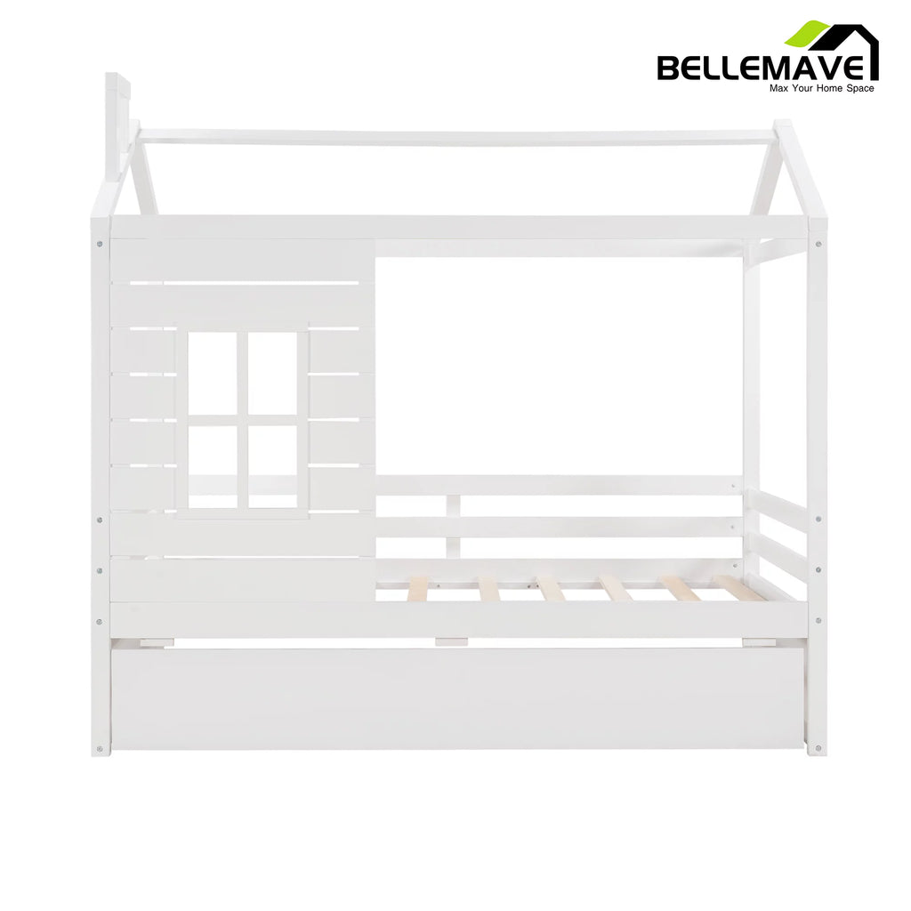 White Wood Twin Size House-Shaped Platform Bed with Trundle Q12251