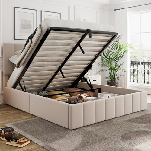 Beige Full Size Upholstered Platform Bed with Hydraulic Storage D54807