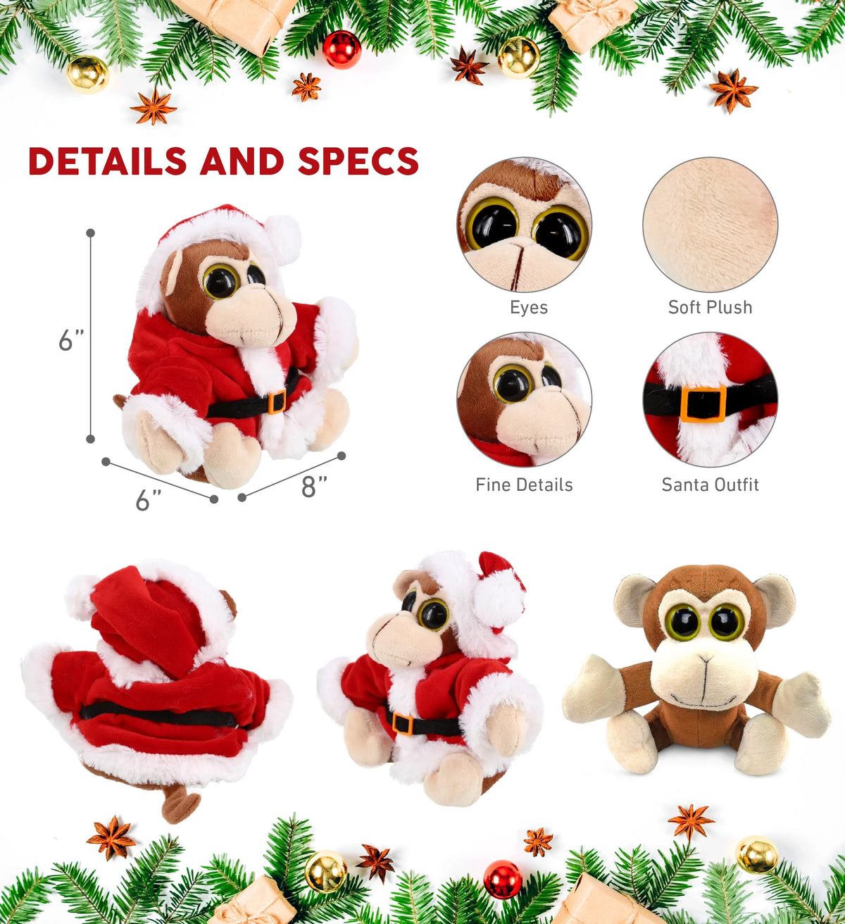Santa Big Eye Monkey Stuffed Animal Plush Toy, 6 Inches Q688222