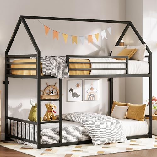 Twin Over Twin Bunk Bed with Ladder and Guardrail Black U403447