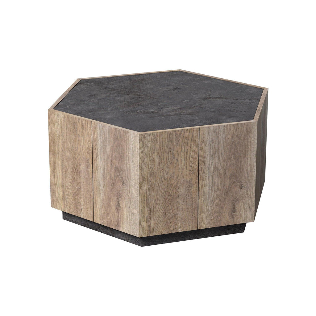Hexagonal Coffee Table with 2 Drawers, Textured Black Warm Oak R952257