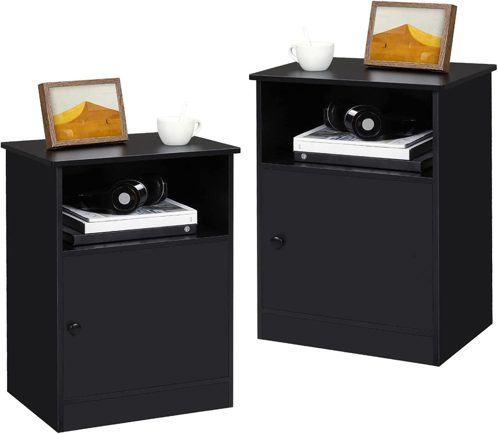 Black Tall Nightstand with Cabinet and Open Shelf S7683