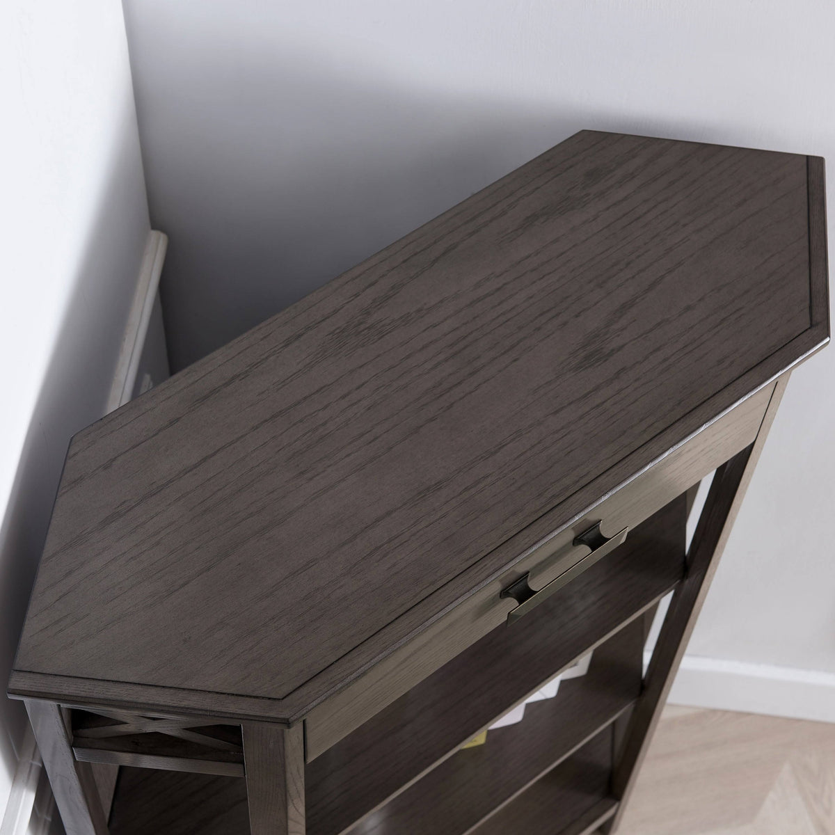 Weathered White 3-Shelf Corner Bookcase with Drawer Storage T239756