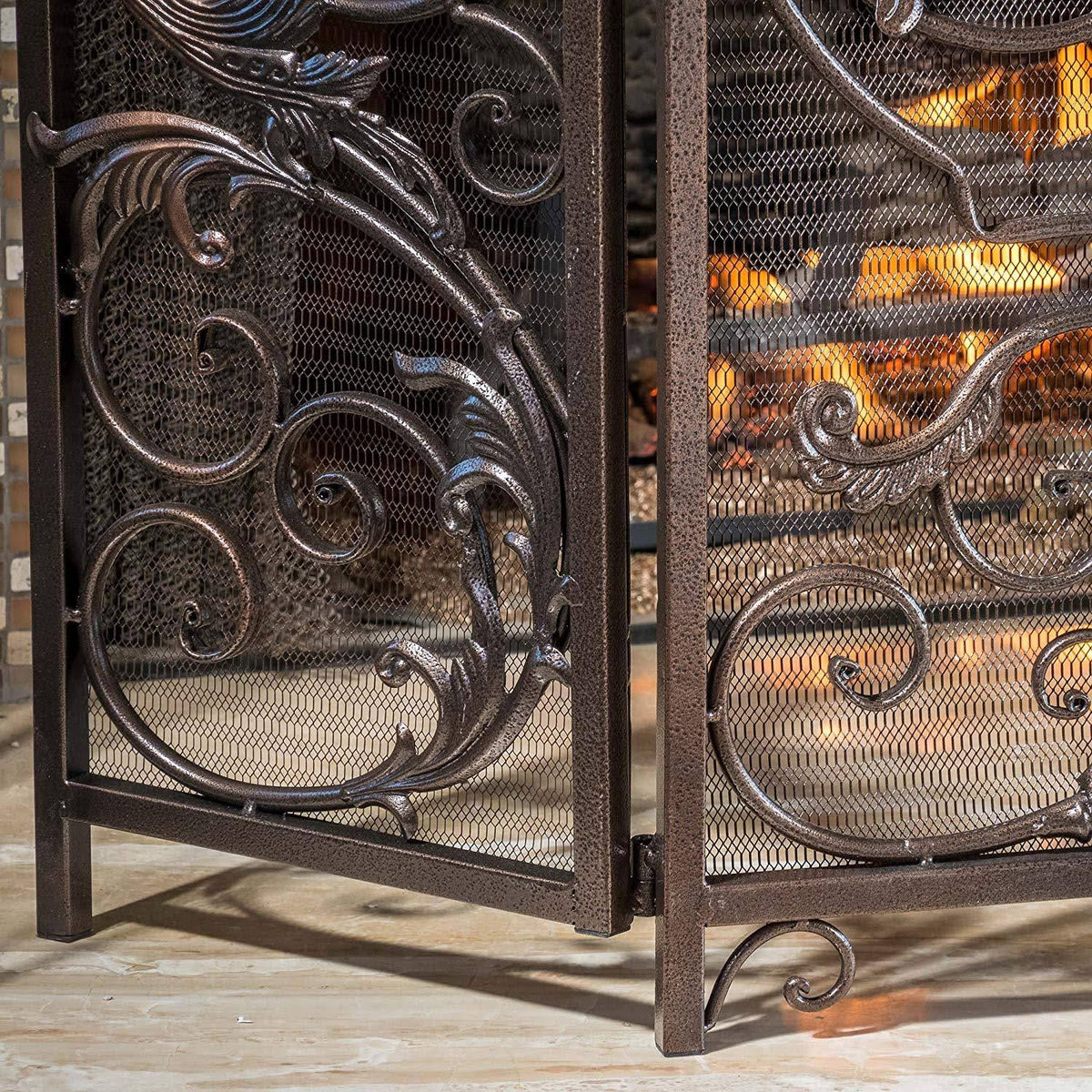 Black Gold Finish Floral Iron Fireplace Screen J10169