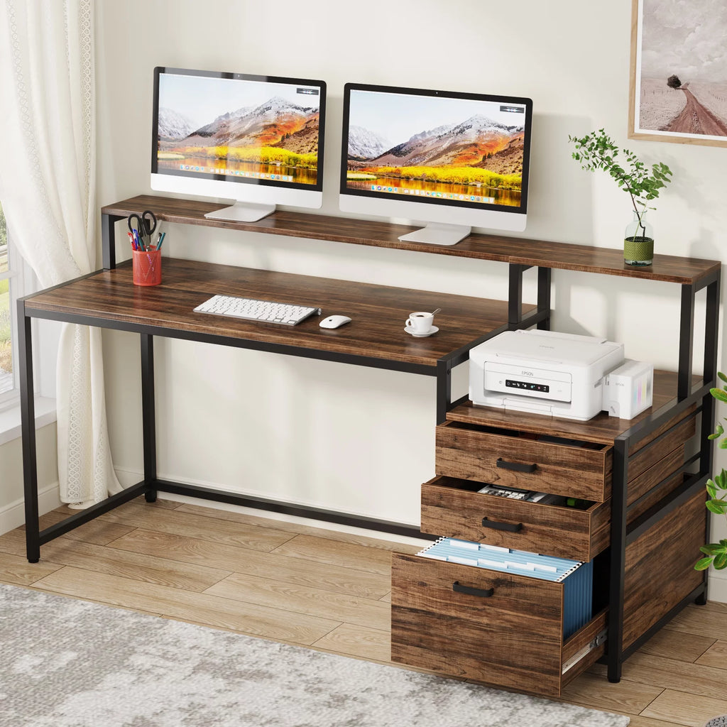 63 Inch Computer Desk with Monitor Stand and Drawers File Cabinet P840790