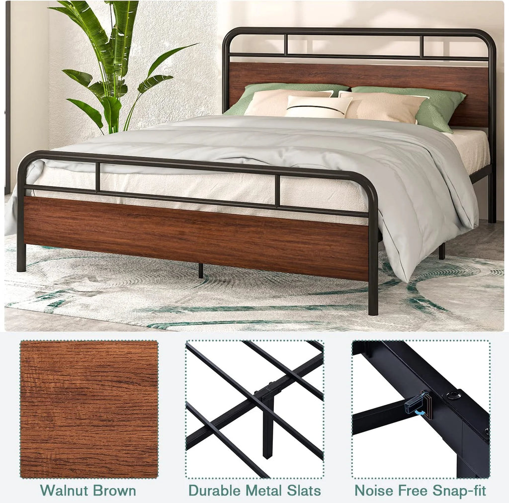 Walnut Queen Size Metal Platform Bed Frame with Wooden Headboard M7338