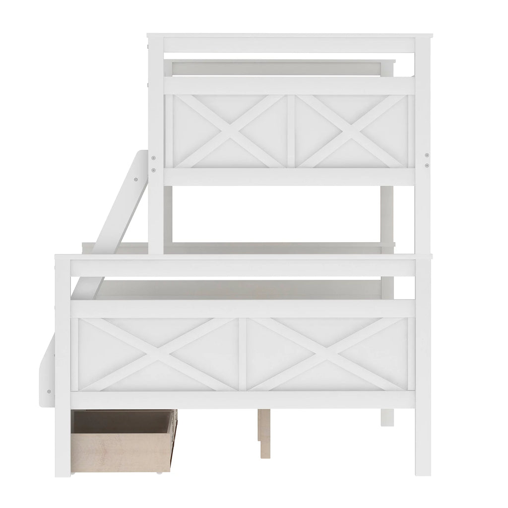 White Wood Twin over Full Bunk Bed with Trundle O546