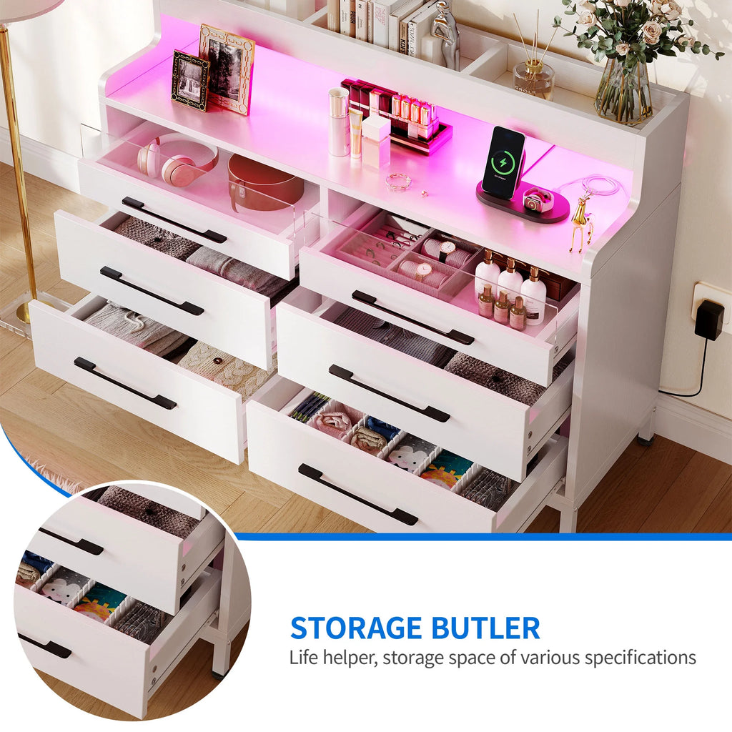 White 6 Drawer Dresser with LED Light and Open Storage Q737