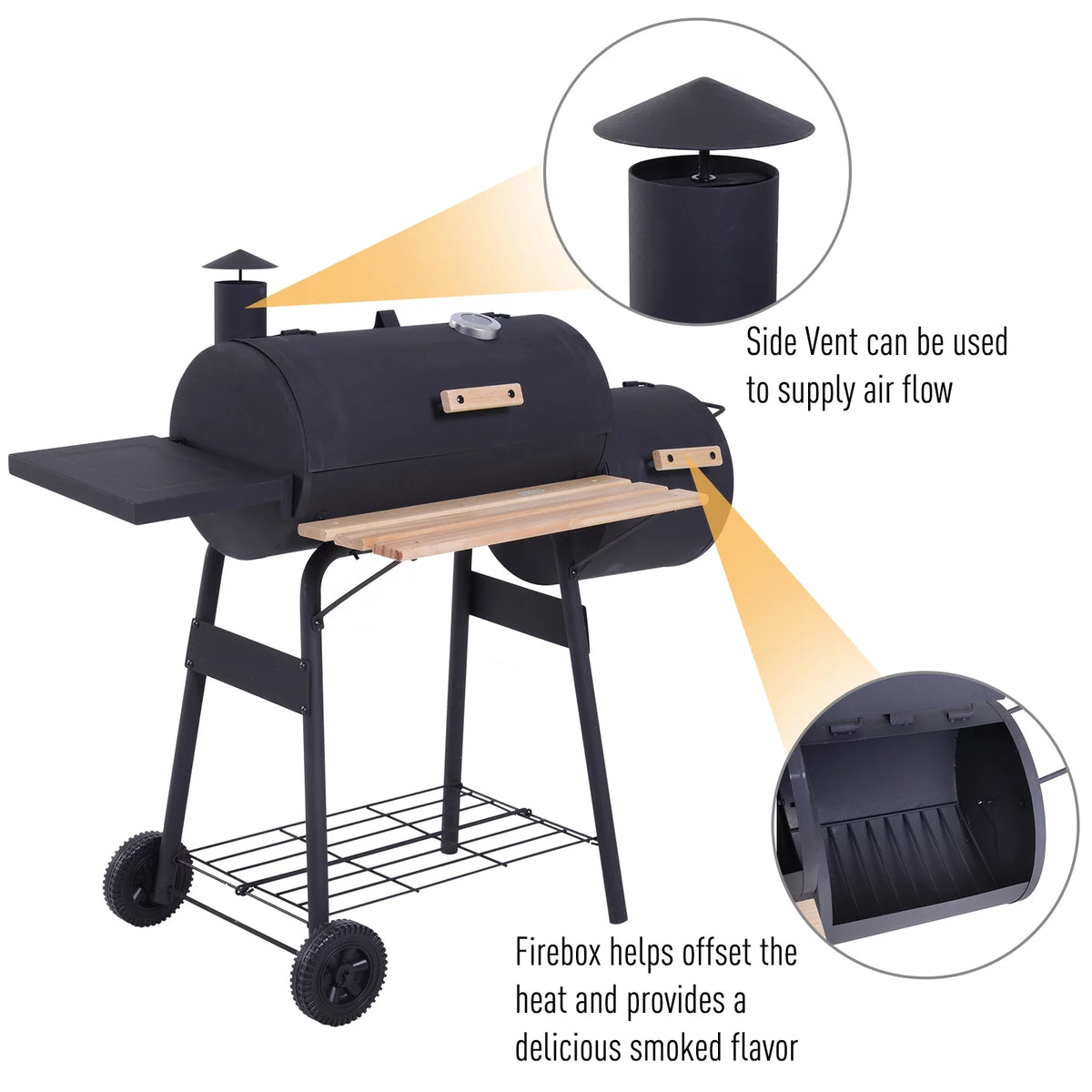 Portable Charcoal BBQ Grill and Offset Smoker Combo with Wheels Y504036