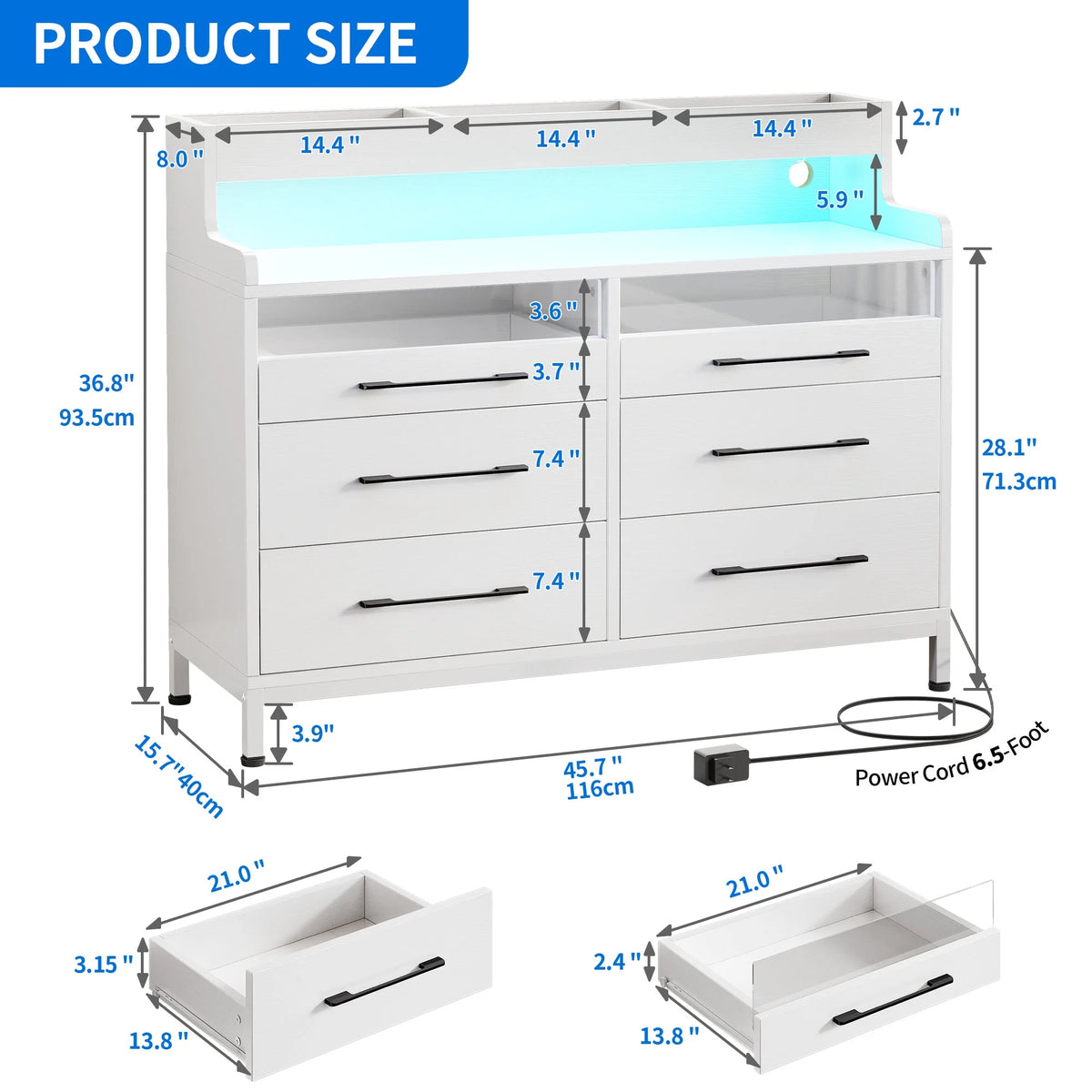 White 6 Drawer Dresser with LED Light and Open Storage Q737