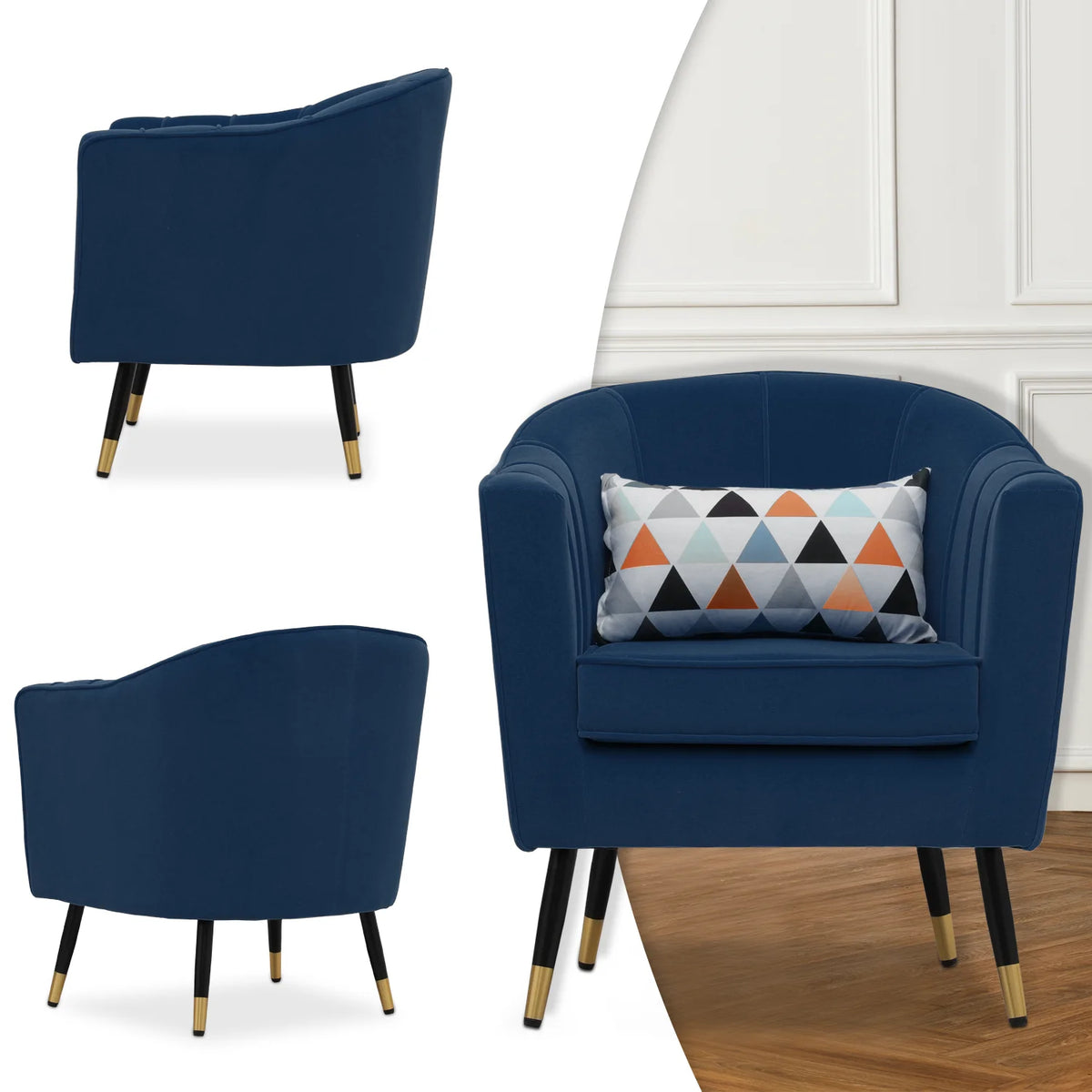 Navy Blue Upholstered Barrel Chair with Pillow Z155
