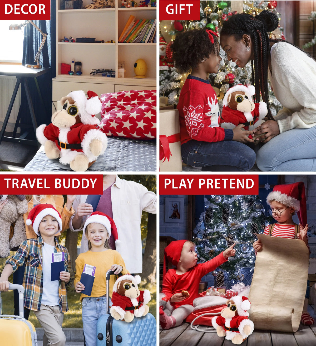 Santa Big Eye Monkey Stuffed Animal Plush Toy, 6 Inches Q688222