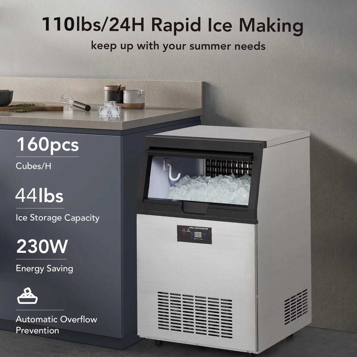 Commercial Ice Machine 130lbs/24H Stainless Steel 44lbs Ice Storage Y2037