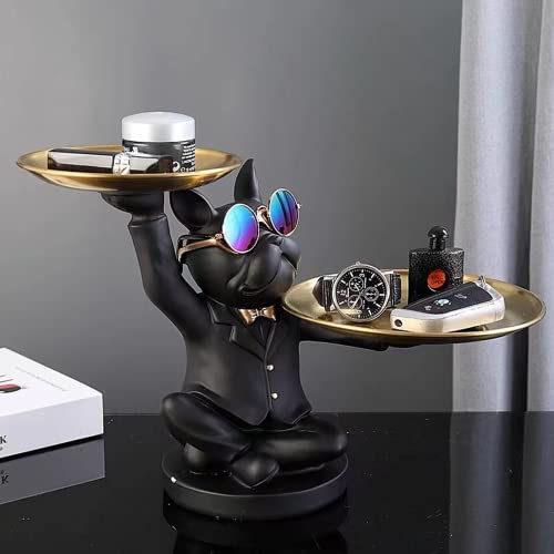 Resin French Bulldog Sculpture with 2 Metal Trays F7617