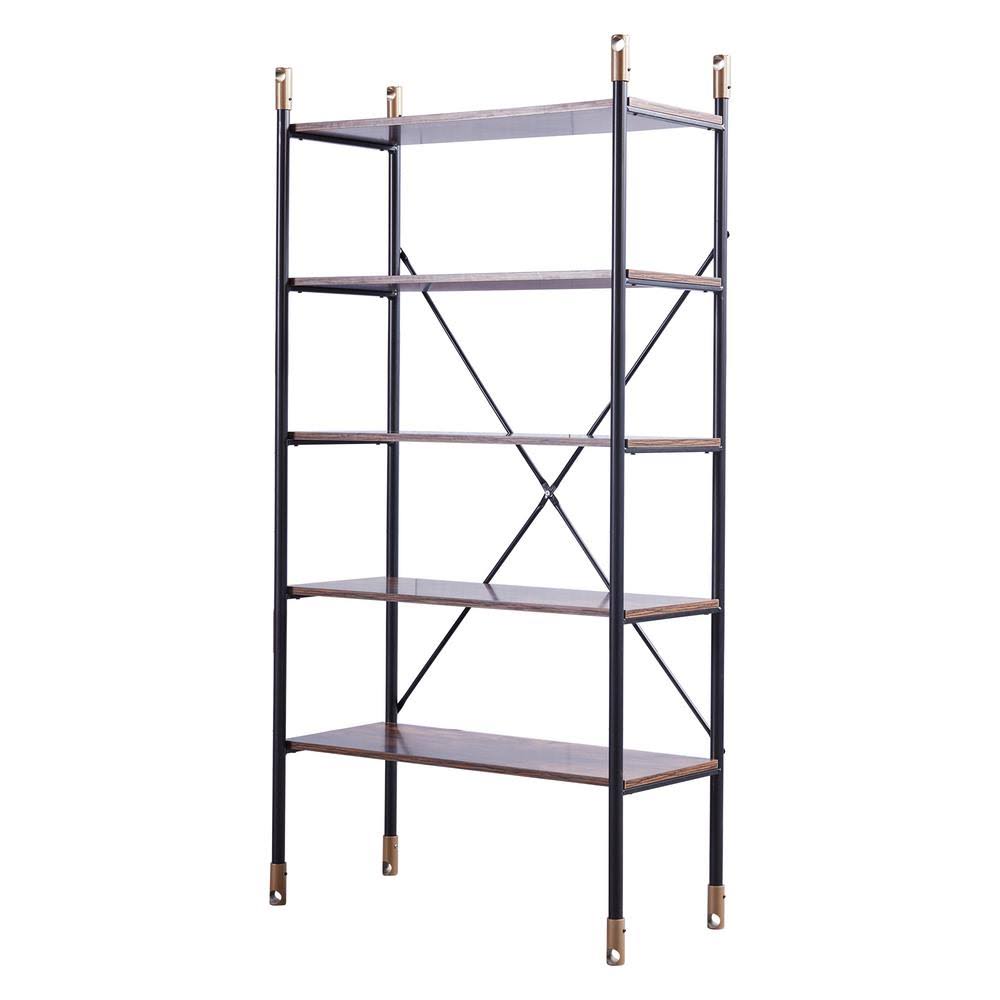 Brown Wood 5-Shelf Standard Bookcase with Metal Frame W3103
