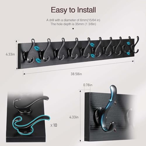 Rustic Wall Mount Coat Rack with 10 Hooks Y683861
