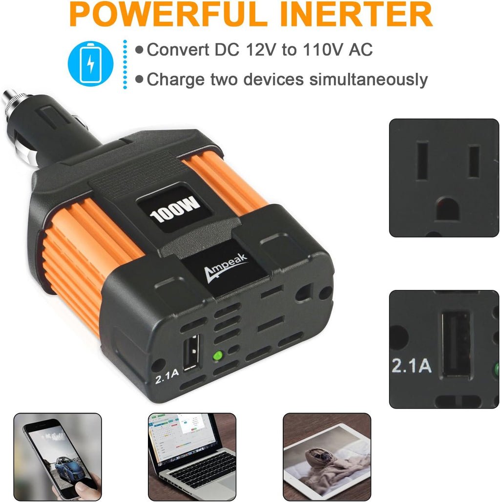 100W Car Power Inverter DC 12V to 110V AC Pack of 2 B9260