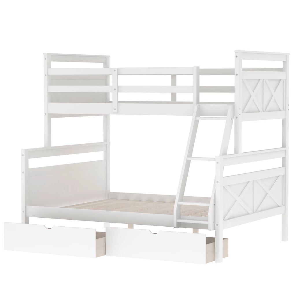 White Wood Twin over Full Bunk Bed with Trundle O546