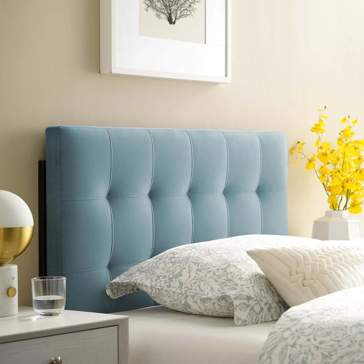 Light Blue Velvet Twin Size Tufted Headboard X740780