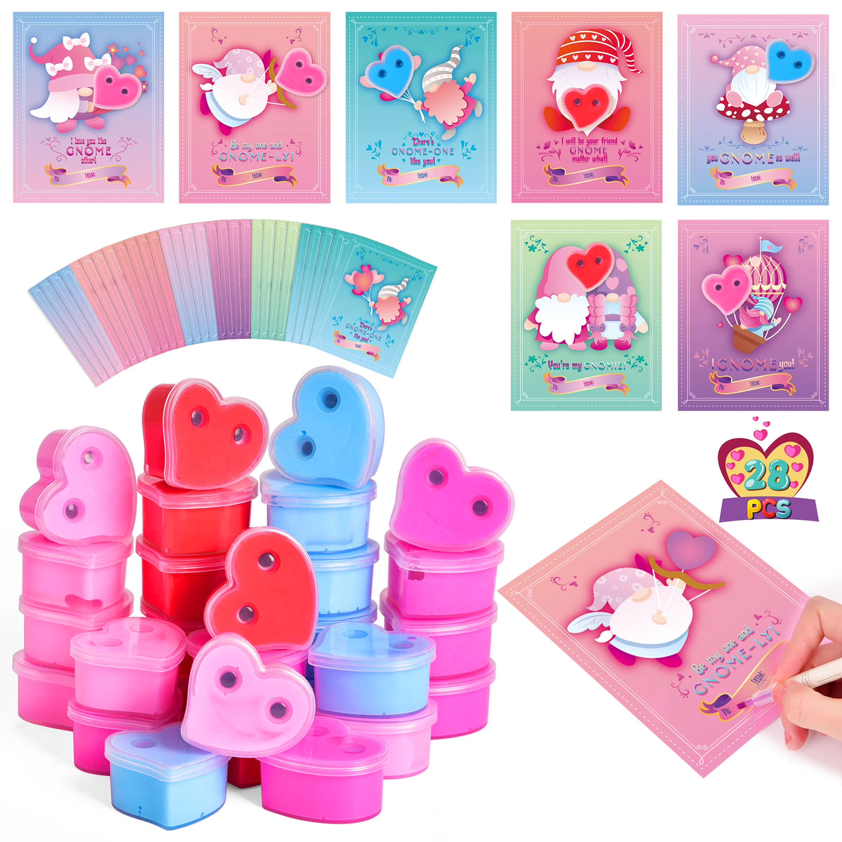28Pcs Valentine Heart Butter Slime with Gnome Cards H56870