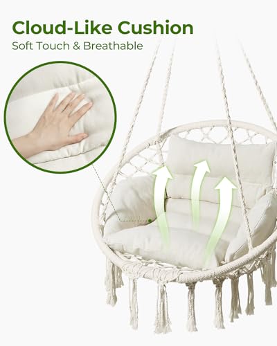 Beige Macrame Hanging Hammock Chair with Cushion M557