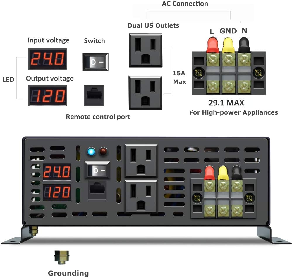 Pure Sine Wave 3500W 24V DC to 110V 120V AC Power Inverter with Dual US Outlets O64730