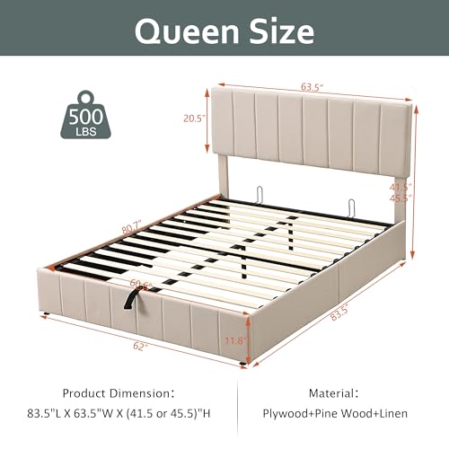 Beige Full Size Upholstered Platform Bed with Hydraulic Storage D54807