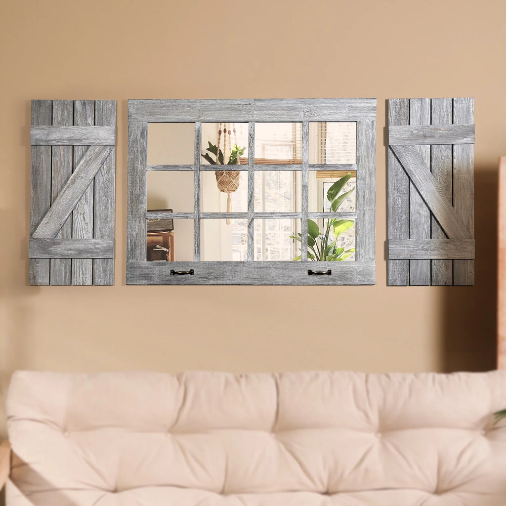 Large Distressed Wood Windowpane Mirror with Shutters Q4459
