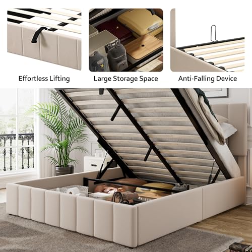 Beige Full Size Upholstered Platform Bed with Hydraulic Storage D54807