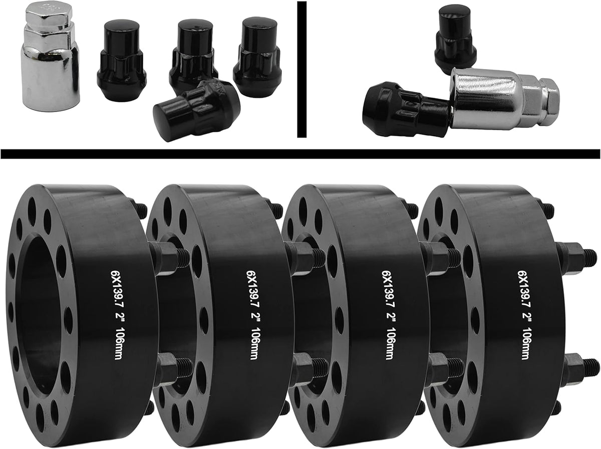 6x5.5 Black Hub Centric 2" Adapter 12x1.5 106mm Bore with 4 Wheel Security Locks L7986