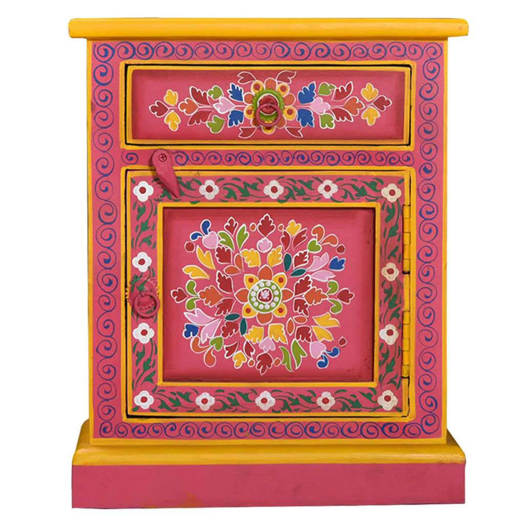 Pink Hand Painted Solid Mango Wood Bedside Cabinet L4521