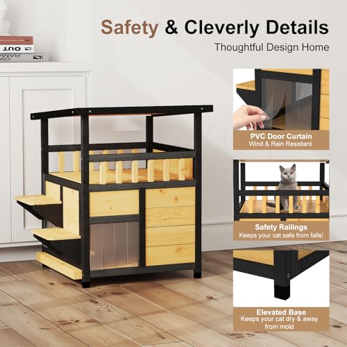 Outdoor Cat House Weatherproof Two Story Feral Cat Shelter with Escape Door Wood Dog Condo for Small Medium Pets Pull-Out Bottom Scratching Mat Included Black and Earthy Yellow Z984