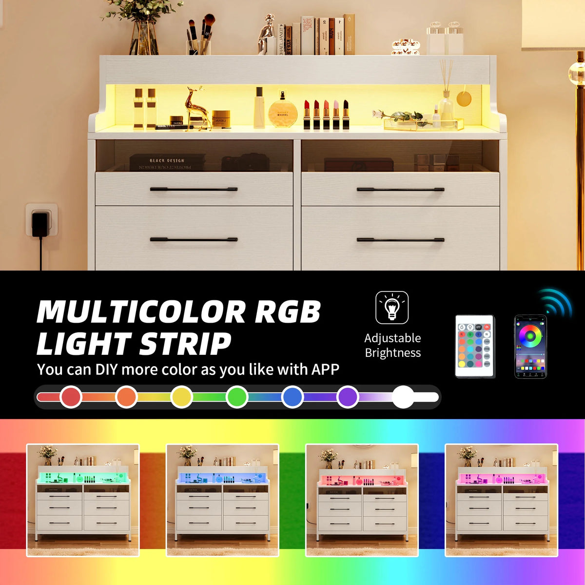 White 6 Drawer Dresser with LED Light and Open Storage Q737