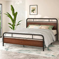 Walnut Queen Size Metal Platform Bed Frame with Wooden Headboard M7338