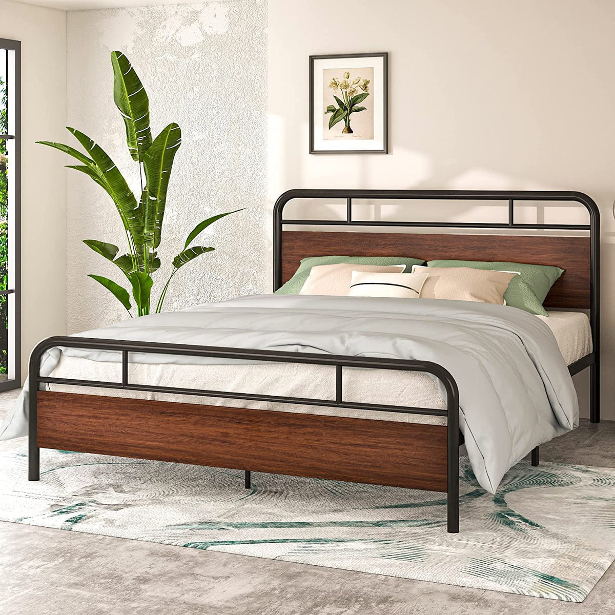 Walnut Queen Size Metal Platform Bed Frame with Wooden Headboard M7338