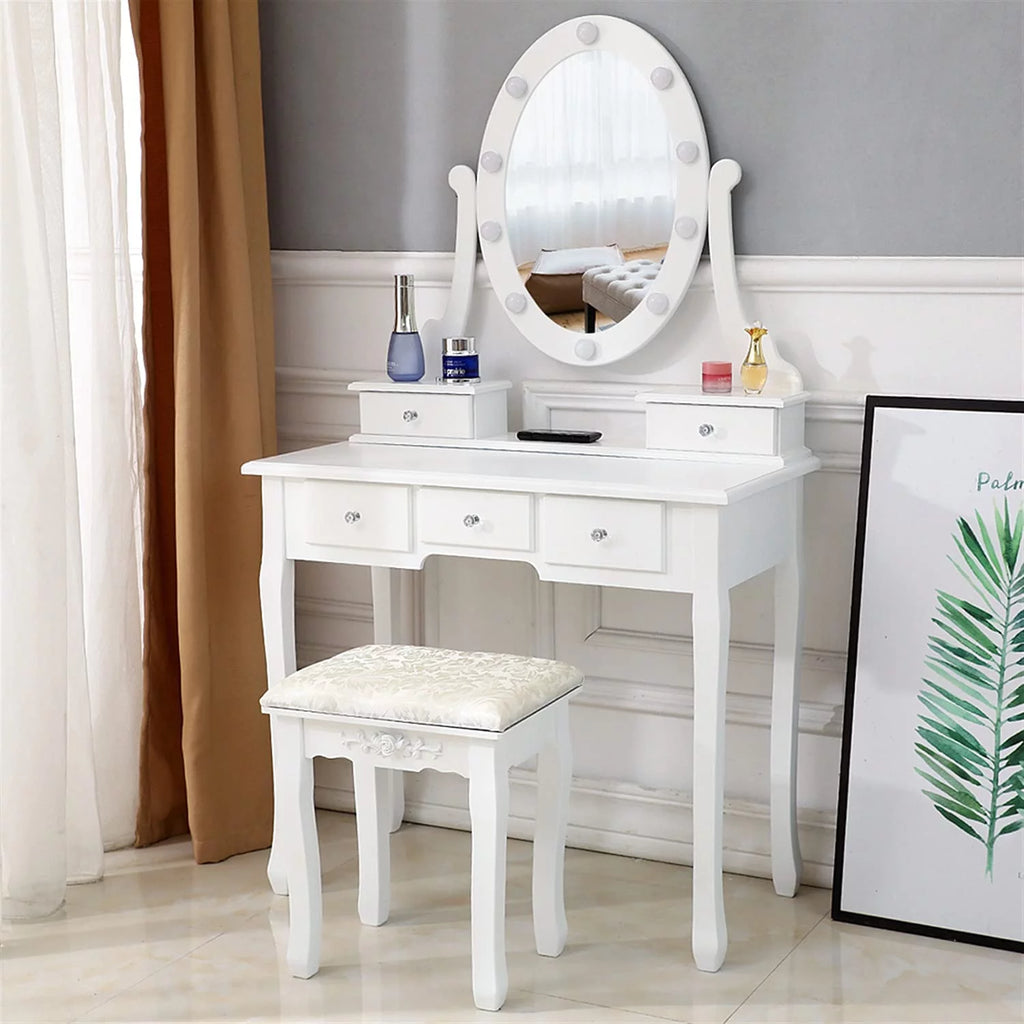 White Vanity Table Set with 5 Drawers and Cushioned Stool Z26186