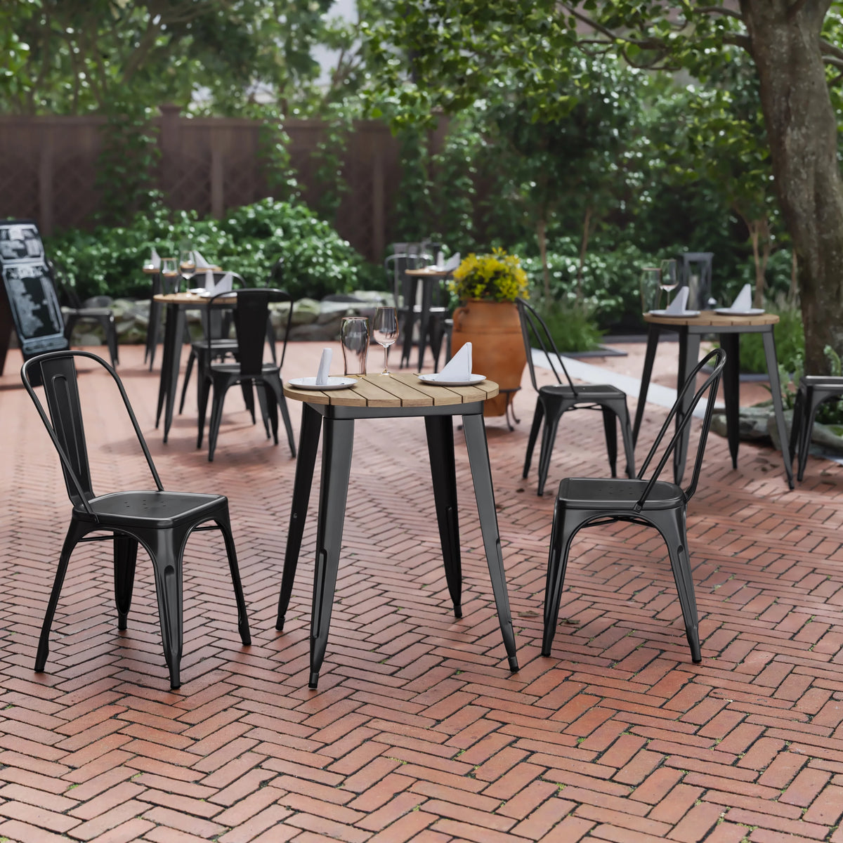Commercial Grade Indoor/Outdoor Dining Table, Brown Poly Resin Top with Black Steel Base V175892