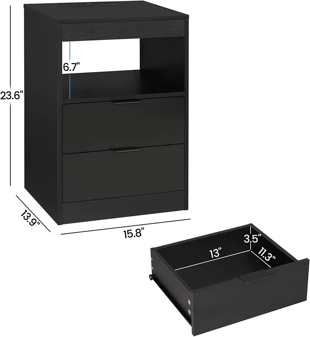 Black Nightstand Set of 2 with Wireless Charging Station and 2 Drawers Y874896