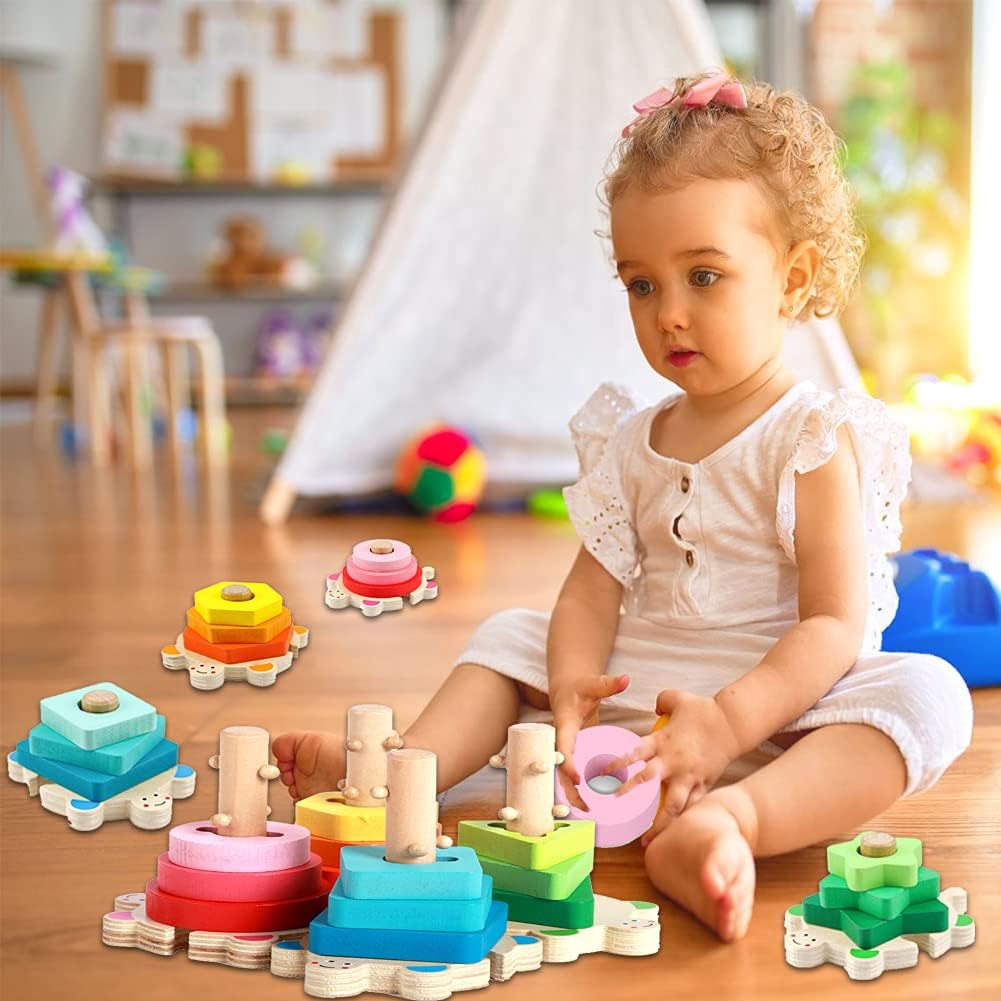 Wooden Shape Sorter and Stacking Toys, 8PCS Toddler Montessori Geometric Block Puzzle P853222