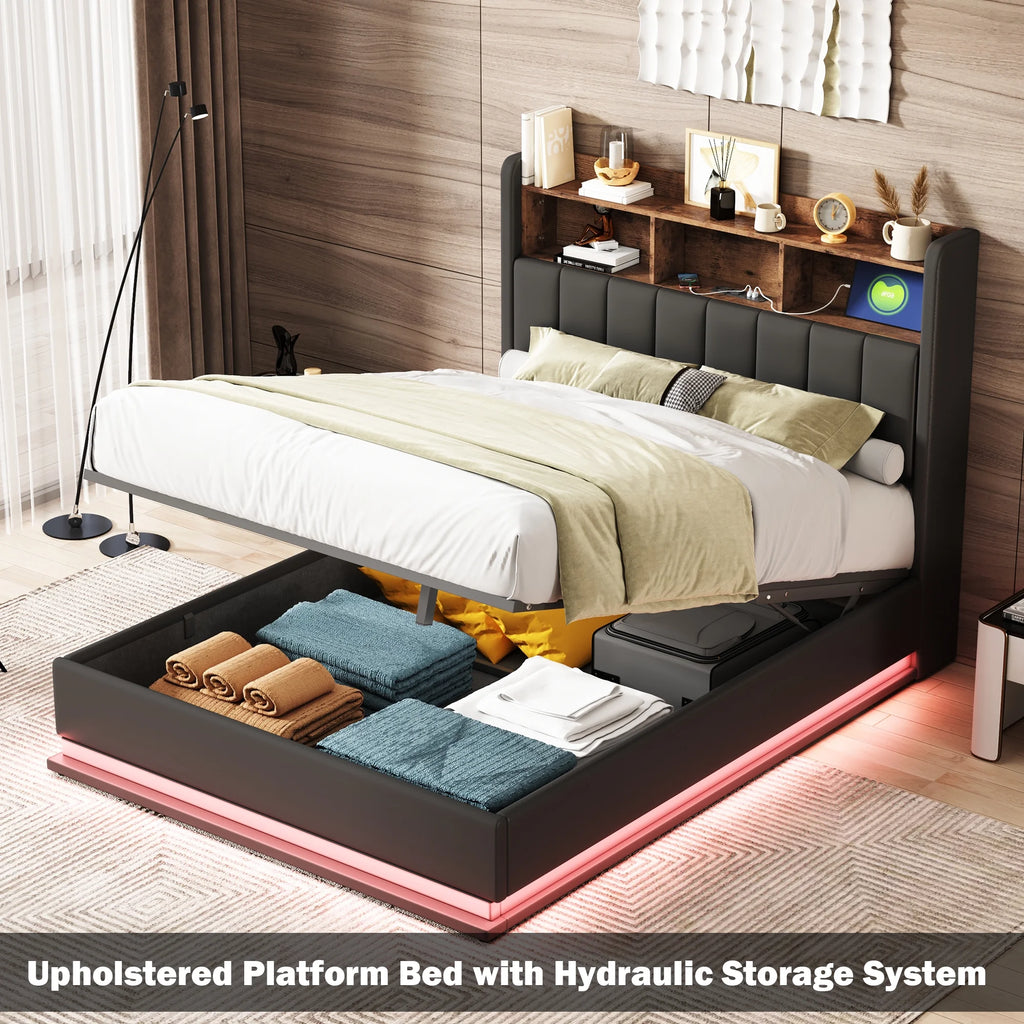 Black Full Size PU Upholstered Platform Bed with Storage Headboard M6937