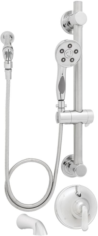 Polished Chrome Handheld Shower with Hose, Diverter Shower Valve, and ADA Adjustable Grab Bar B7351