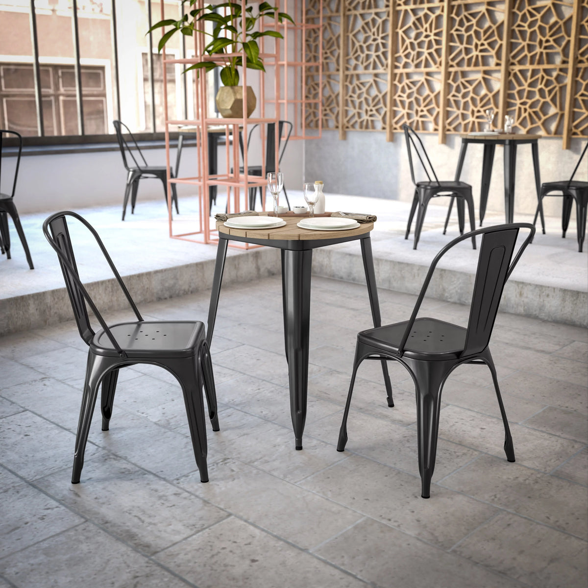 Commercial Grade Indoor/Outdoor Dining Table, Brown Poly Resin Top with Black Steel Base V175892