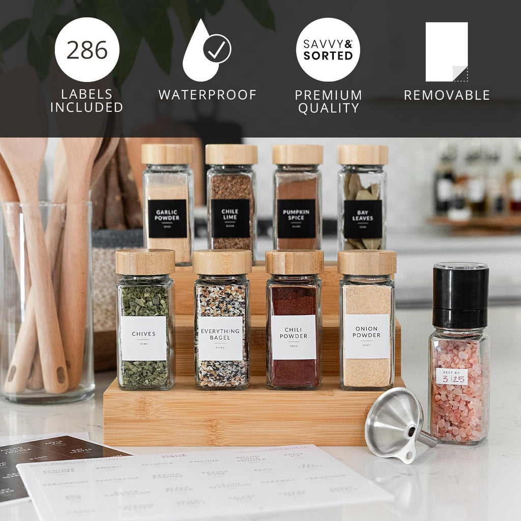 24 Glass Spice Jars with Bamboo Lids and Labels J2181
